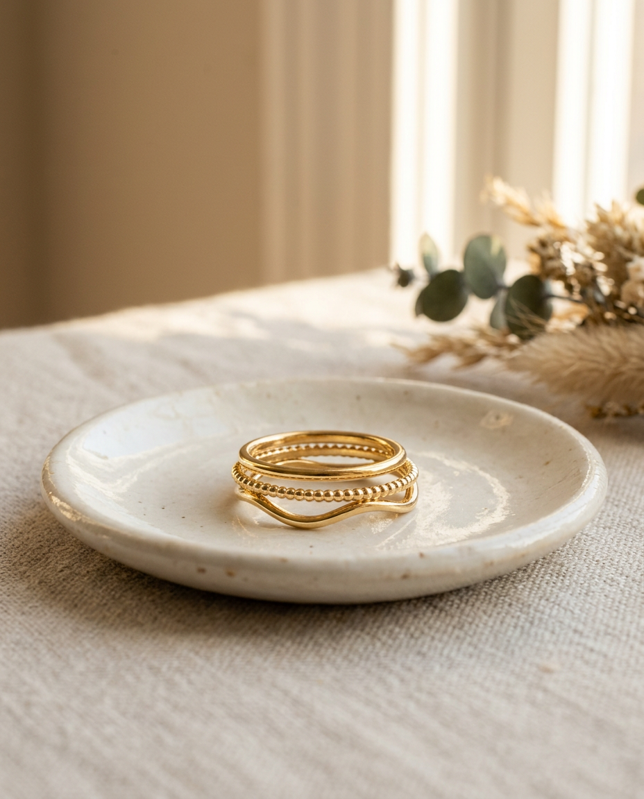 A modern stack of delicate gold bands